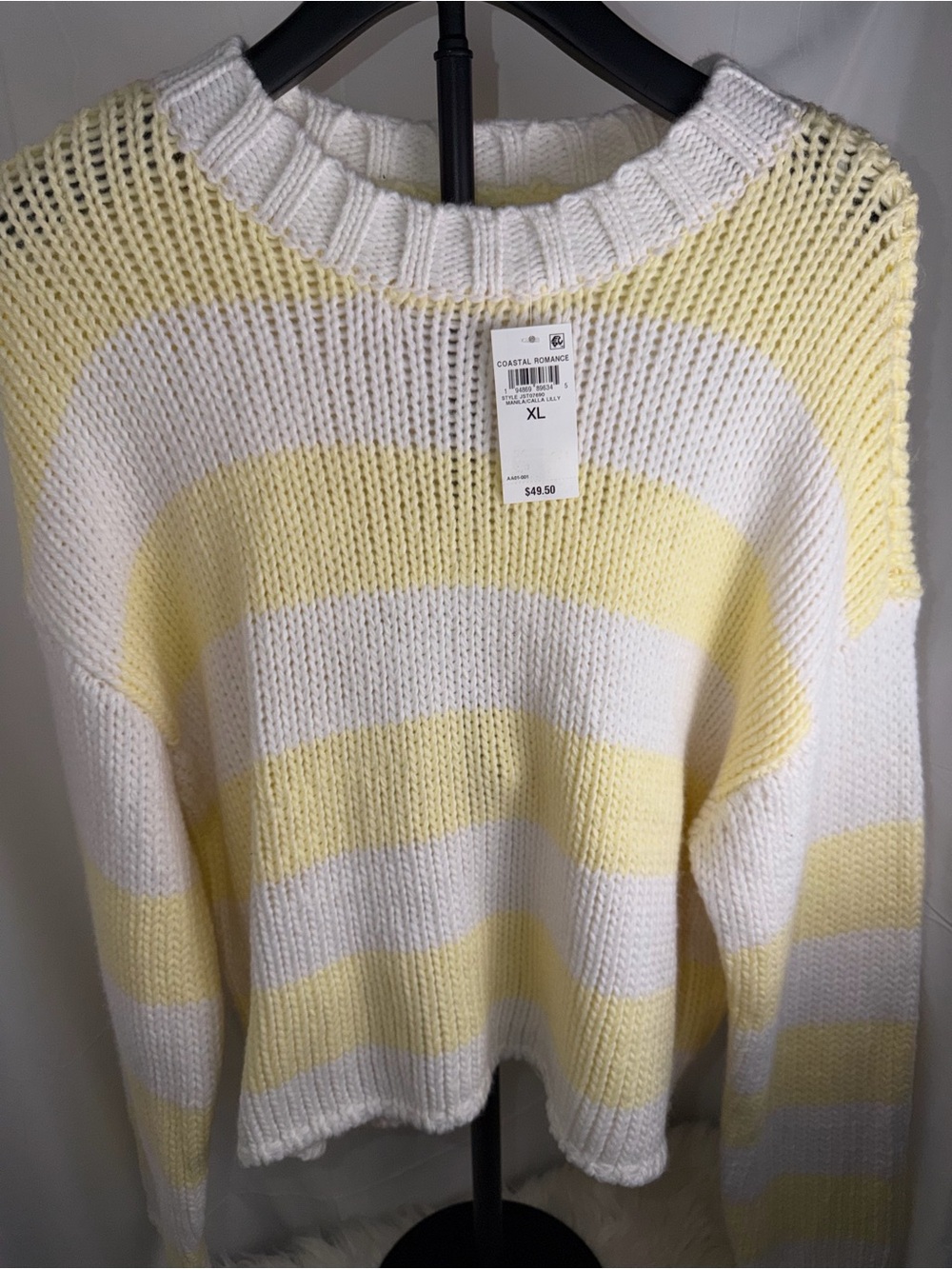 Oversized Yellow & White Stripe Knit Sweater XL - Picture 7 of 10